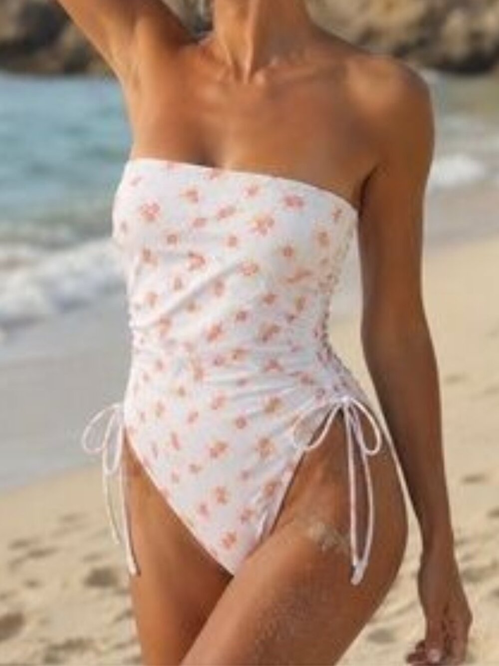 Cabana del Sol Floral Bandeau One Piece Swimsuit NWT XL Ruched Drawstring Sides